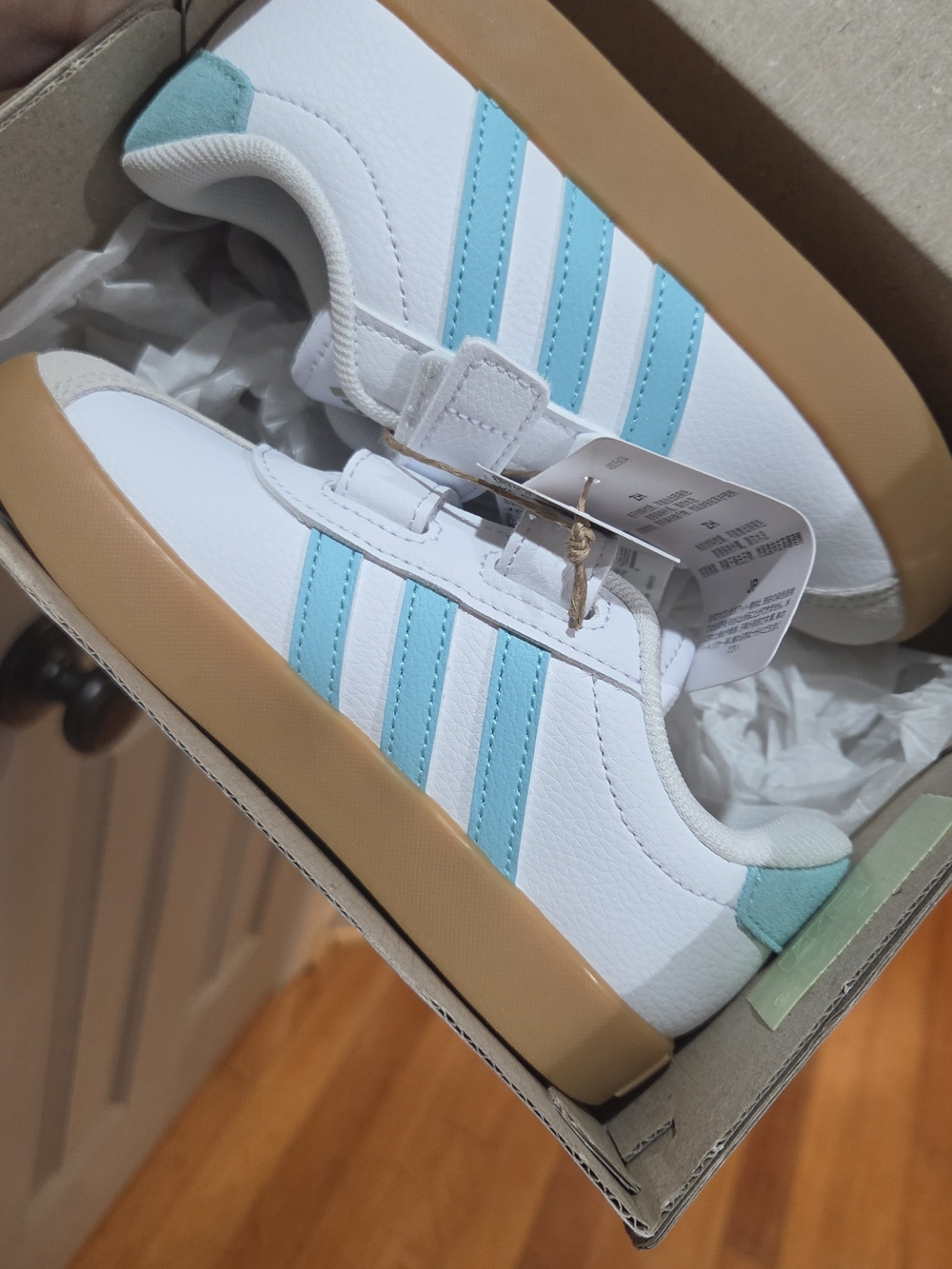adidas Kids White Sneakers with Aqua Stripe and Gum Sole
